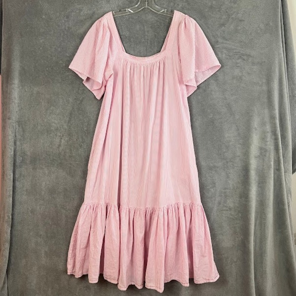 Ophelia & Indigo Smocked Midi Dress Womens M/L Pink Striped Puff Sleeve Coquette